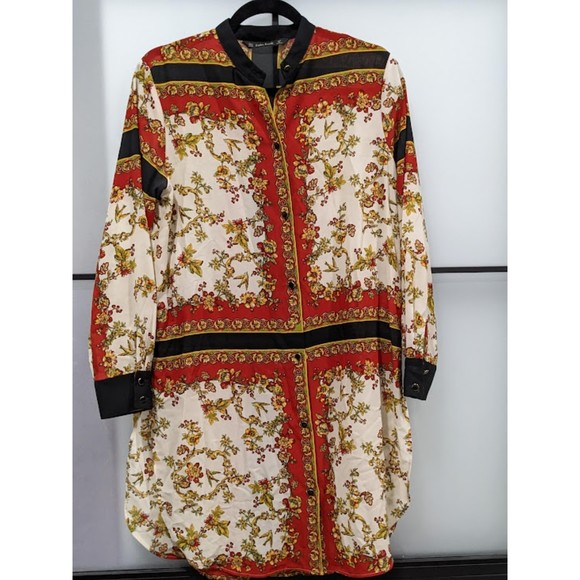 ZARA | Floral Scarf Button Down Shirt Dress Sheer Tunic Size: Small - Picture 1 of 9